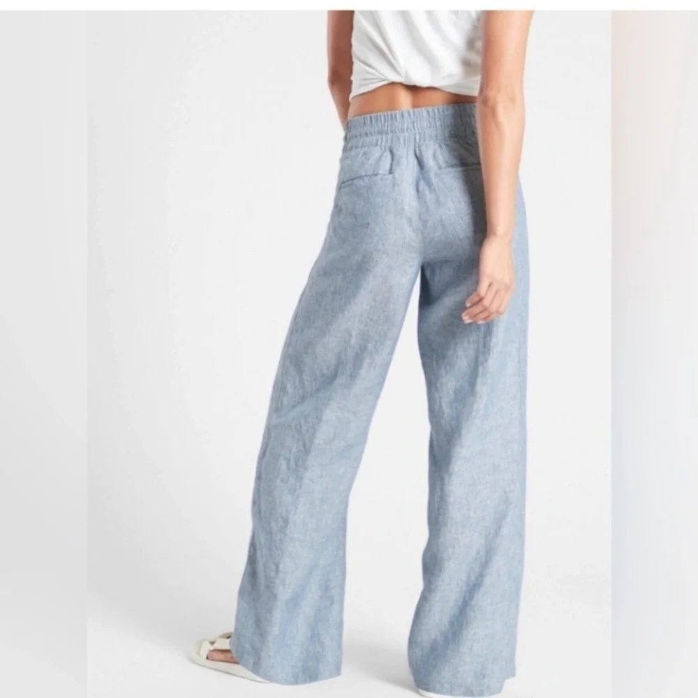 Athleta Cabo Linen Wide Leg Light Blue Pants Elastic Comfort - Picture 2 of 8